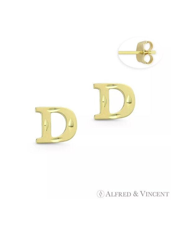 14k Gold D Latter Initial Stud Earrings| Emerald Cut Lab  Initial Letter \